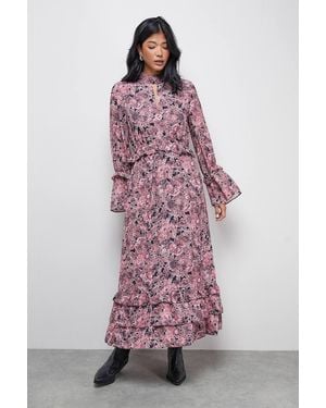 Oasis Chiffon Shirred Frill Detail High Neck Midi Dress - Pink