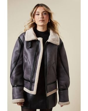 Oasis Faux Suede Borg Detail Aviator Jacket - Black