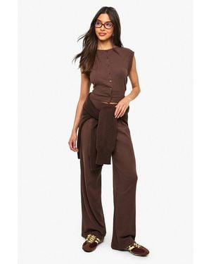 Boohoo Rib Wide Leg Trouser - Brown