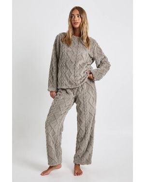 Boohoo Cable Knit Fleece Sweater & Pants Lounge Set - Gray