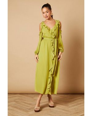 Oasis Cold Shoulder V Neck Belt Detail Midi Dress - Yellow