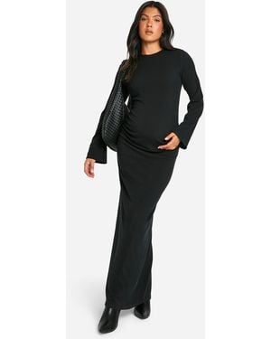 Boohoo Maternity Rib Round Neck Flared Sleeve Column Maxi Dress - Black