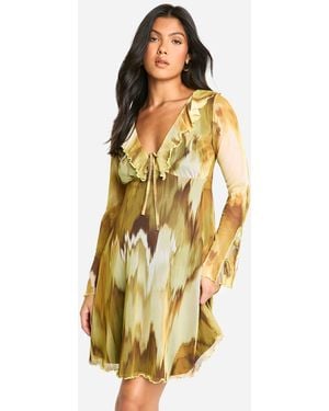Boohoo Maternity Mesh Abstract Print Ruffle Detail Long Sleeve Skater Mini Dress - Yellow