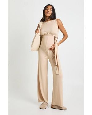Boohoo Maternity Rib Belted Sleeveless Lounge Jumpsuit - Natural