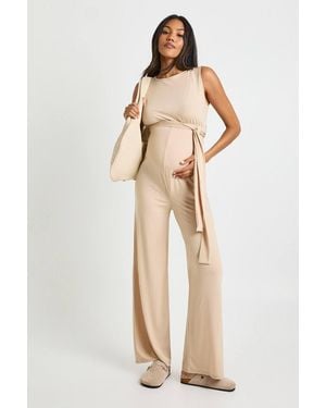 Boohoo Maternity Rib Belted Sleeveless Lounge Jumpsuit - Natural