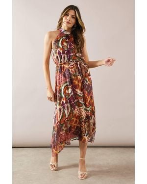 Wallis Chiffon Abstract Halterneck Tie Waist Midi Dress - Orange
