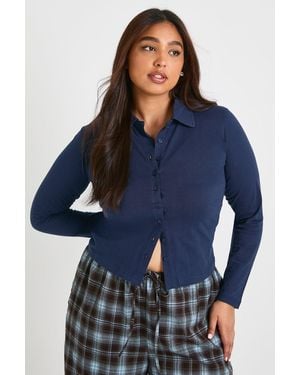 Boohoo Plus Collared Button Down Long Sleeve Top - Blue