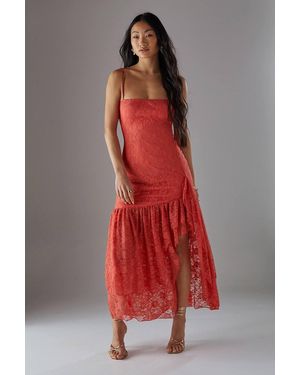 Warehouse Petite Lace Strappy Drop Waist Ruffle Midi Dress - Red