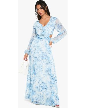 Boohoo Tall Floral Chiffon Volume Sleeve Maxi Dress in Pink | Lyst