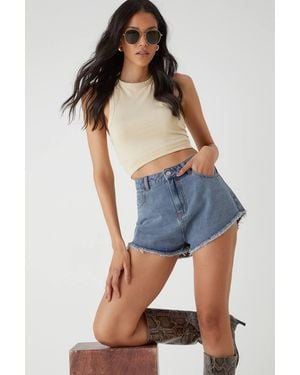 MissPap Washed Denim Frayed Relaxed Shorts - Blue