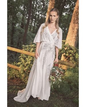 Coast Sequin And Embellished Angel Sleeve Wrap Detail Maxi Wedding Dress With Cape Back - White