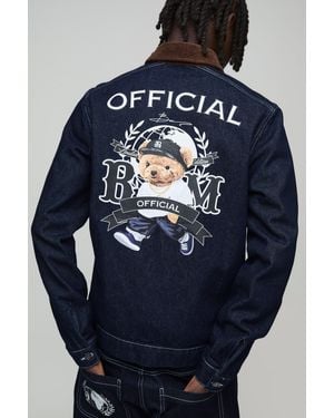 BoohooMAN Relaxed Denim Printed Harrington Jacket With Cord Collar - Blue