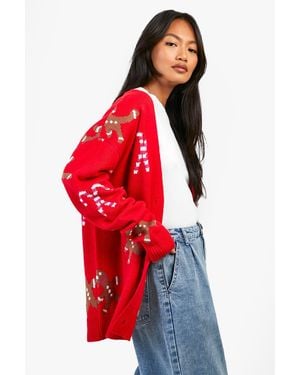 Boohoo Gingerbread And Candy Cane Christmas Cardigan - Red
