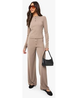 Boohoo Ribbed Henley Button Down Long Sleeve Top And Straight Leg Trouser Co-Ord - Natural