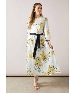 Wallis Floral Belted Satin Midaxi Dress - Natural