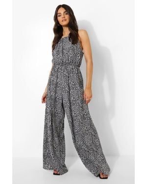 Boohoo Animal Print Halter Neck Wide Leg Jumpsuit - Black