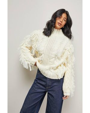Warehouse Fringe Cross Back Cable Sweater - Natural