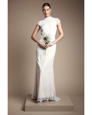 Coast Beaded And Embellished Cap Sleeve Fishtail Wedding Dress - Blue