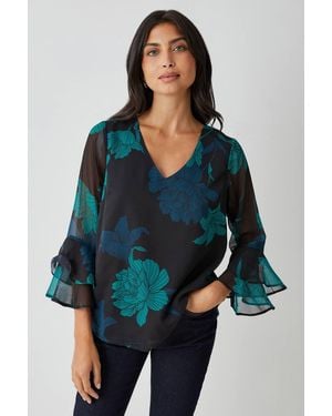 Wallis Floral Flute Sleeve Top - Blue