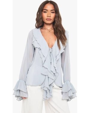 Boohoo Chiffon Ruffle Front Blouse - White