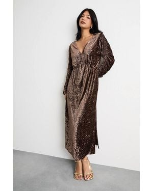 Warehouse Burnout Velvet Batwing Midi Dress - Brown