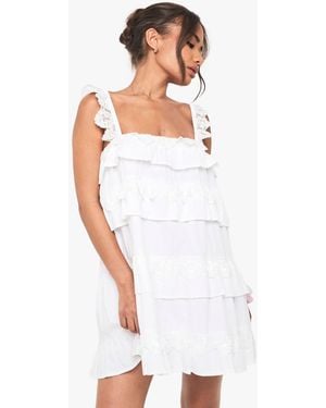 Boohoo Cotton Layered Ruffle Smock Mini Dress - White