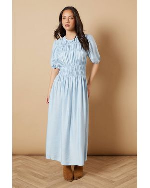Oasis Shirred Bodice Puff Sleeve Midi Dress - Blue