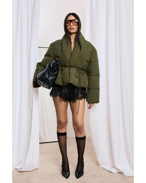 Boohoo Tie Detail Short Puffer Coat - Verde