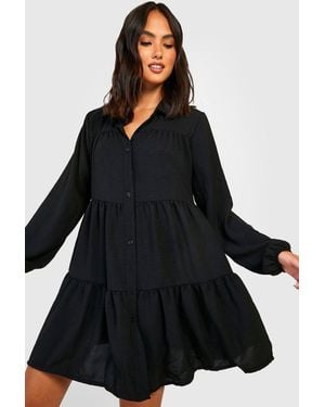 Boohoo Tiered Smock Shirt Dress - Black