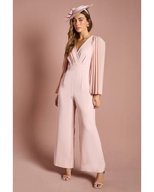Coast V Neck Pleated Long Sleeve Jumpsuit - Pink