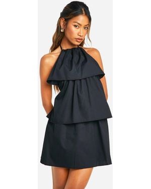 Boohoo Halterneck Ruffle Cotton Poplin Playsuit - Blue