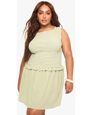 Boohoo Plus Shirred Waist Gingham Mini Skater - White