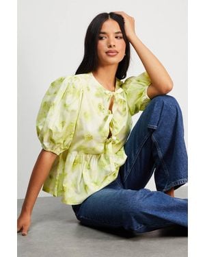 Warehouse Print Poplin Tie Front Volume Sleeve Blouse - Green