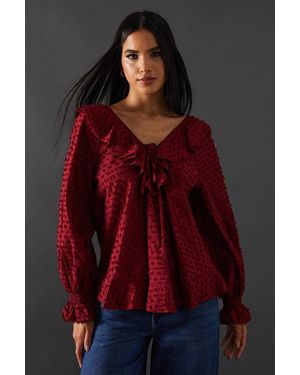 Warehouse Tufted Dobby Ruffle Neck Tie Front Blouse - Red