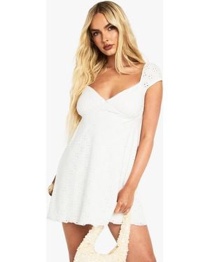 Boohoo Broderie Cap Sleeve Smock Dress - White