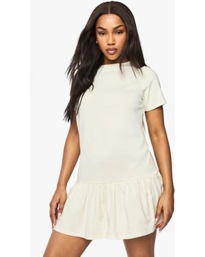 Boohoo Cotton Ruffle Dropped Hem Smock Dress - White
