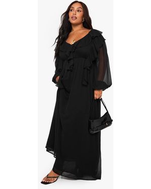 Boohoo Plus Chiffon Ruffle Detail Maxi Skater Dress - Black