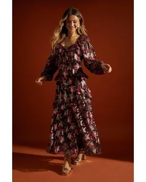 Dorothy Perkins Floral Ruffle Long Sleeve Chiffon Metallic Midi Dress - Brown