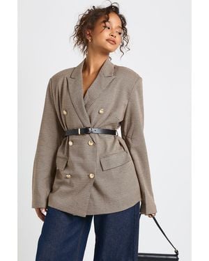 Boohoo Houndstooth Belted Double Breasted Blazer - Natural