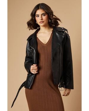Oasis Pu Leather Zip Detail Jacket - Brown