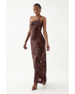 MissPap Asymmetric Neckline Floral Textured Maxi Dress - Brown