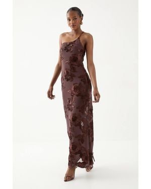 MissPap Asymmetric Neckline Floral Textured Maxi Dress - Brown