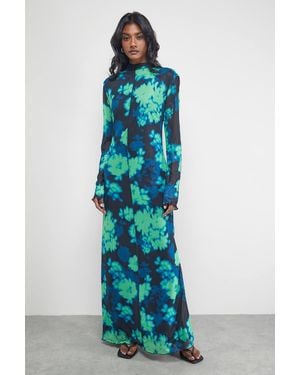 Warehouse Print Mesh Lettuce Edge Maxi Dress - Blue