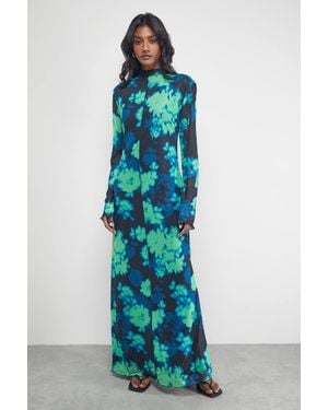 Warehouse Print Mesh Lettuce Edge Maxi Dress - Blue