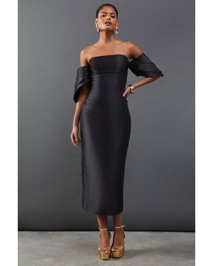 Warehouse Structured Puff Sleeve Bardot Midi Dress - Black