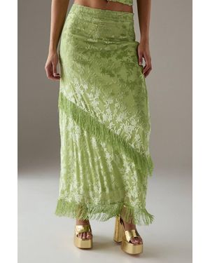 Warehouse Devore Fringe Detail Midi Skirt - Green