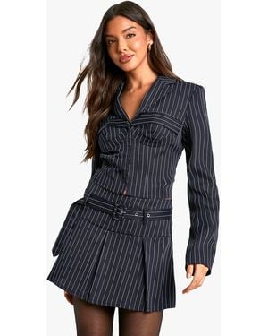 Boohoo Pinstripe Belted Pleated Tailored Mini Skirt - Blue