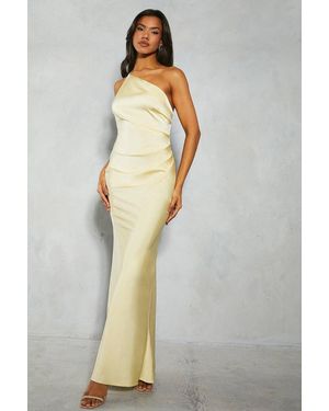 MissPap Satin Asymmetric Strap Pleated Waist Low Back Maxi Bridesmaid Dress - Yellow