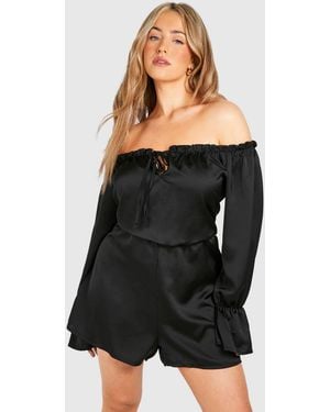 Boohoo Plus Satin Bardot Frill Detail Playsuit - Black