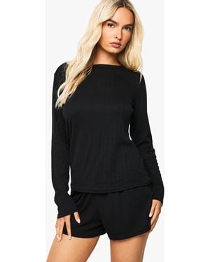 Boohoo Pointelle Long Sleeve Top & Shorts Pyjama Set - Black